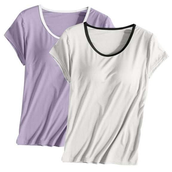 Wiyuqeen Built in Bra Padded Shirts for Women Comfy Loose Short Sleeve Pajama Tees Plain Breathable Sleepwear Workout Yoga Tees 2 Pack