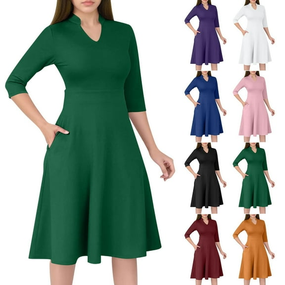 Wiyuqeen Business Dresses for Women Wear to Work Dresses 3/4 Sleeve Midi Aline Dress Solid Formal Fit and Flare Casual Dress with Pockets