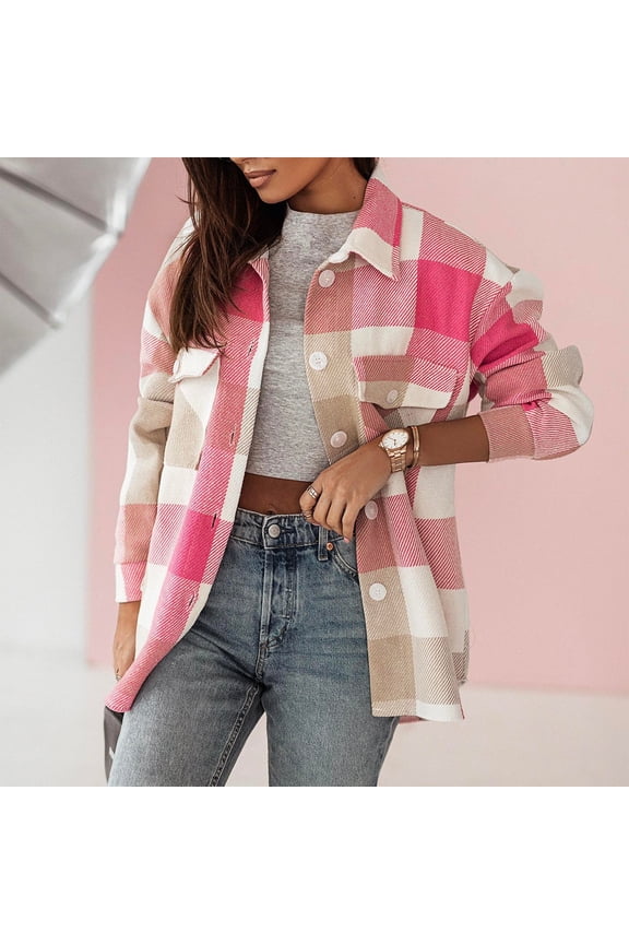 Button Down Plaid Jackets Womens Causal Lapel Coats for Fall Winter Soft Trendy Long Sleeve Outerwear Chest Pockets Trim