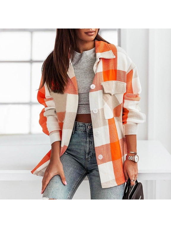 Button Down Plaid Shacket Womens Casual Long Sleeve Jackets with Pockets Soft Trendy Lapel Coats Fall Winter Outerwear