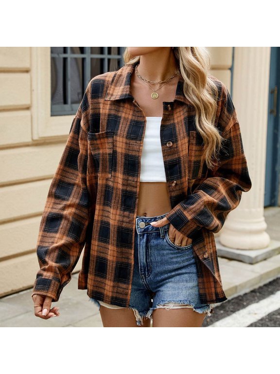 Button Down Plaid Shacket for Women Casual Long Sleeve Jackets with Pockets Soft Trendy Lapel Coats Women Jackets Womens Gifts Sale