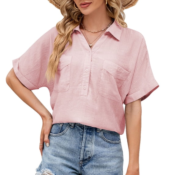 Wiyuqeen Button Down Pullover T-shirts Women Basic Solid Color Rolled Short Sleeve V Neck Shirts Blouses with Pockets Loose Comfy Summer Tees