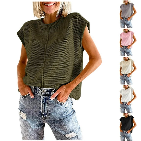 Wiyuqeen Cap Sleeve Sweaters for Women Casual Crew Neck Loose Fit Knit Lightweight Sweater Pullover Top Solid Sweaters