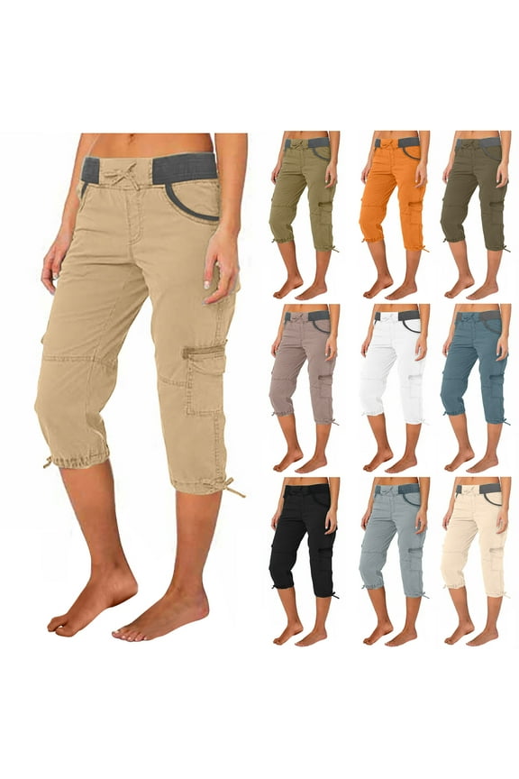 Capri Cargo Pants for Women Solid Baggy Hiking Capris with Pockets Drawstring Elastic Low Waisted Pants Breathable Tactical Cargo Pants Summer Cropped Pants
