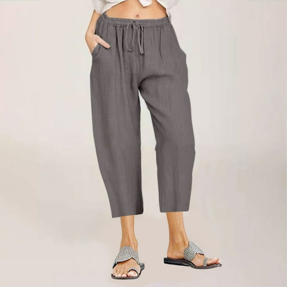 Wiyuqeen Capri Pants for Women Drawstring Elastic High Waist Cotton Linen Pants with Pockets Summer Casual Wide Leg Pants Solid Color Cropped Trousers