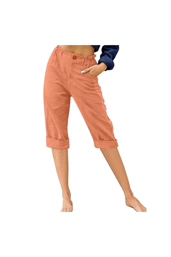 Capris Pants for Women Causal Cotton Linen Lounge Pants with Pockets Soft High Waisted Button Up Cropped Trouser Summer Pants