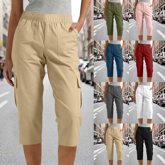 Wiyuqeen Cargo Capri Pants for Women High Waisted Rolled Chino Capris Solid Casual Pull-on Trousers Cropped Pants with Pockets Army Green M