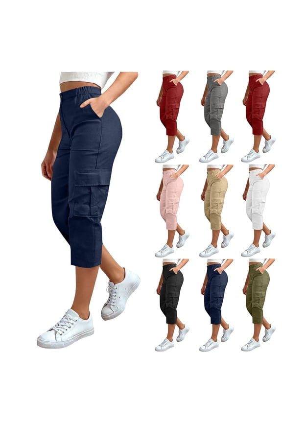 Cargo Capris for Women Summer Casual Loose Capri Pants with Pockets Plus Size High Waisted Work Chino Cropped Pant Khaki XL
