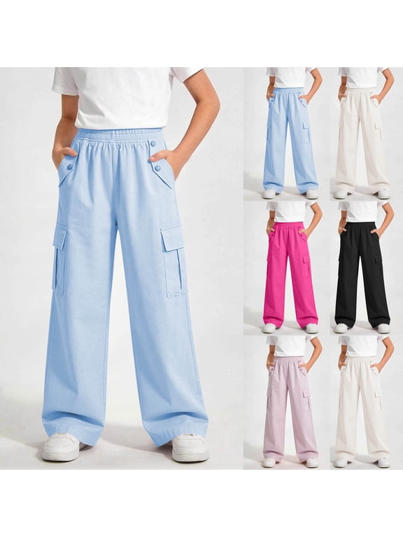 Cargo Pants for Girl 5-16 Years Elastic Waist Baggy Straight Wide Leg Outdoor Pant Lightweight UV Protection Trousers with Pocket
