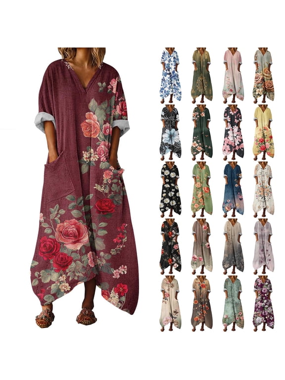 Casual Maxi Dress Women's Loose Asymmetric Hem Long Dress Soft Comfy Daily Wear Vacation Dresses Plus Size 3/4 Sleeve Pocket Sundress