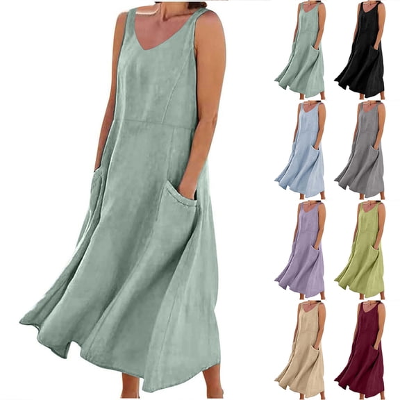 Wiyuqeen Casual Summer Dresses for Women Sleeveless V Neck Linen Dresses Solid Lightweight Maxi Dresses Loose Fit Dresses with Pocket