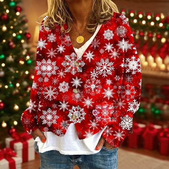 Wiyuqeen Christmas Cardigan for Woman Snowflake Button Up Cardigans V Neck Long Sleeve Ugly Sweater Cardigans Xmas Party Crop Jackets