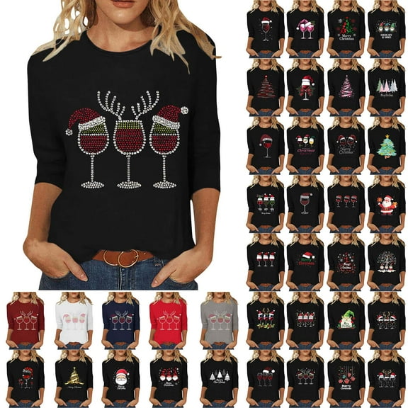 Wiyuqeen Christmas Women's 3/4 Sleeve T-Shirt Holiday Graphic Print Casual Comfortable Fit Tee Crew Neck Plus Size Tops S-5XL