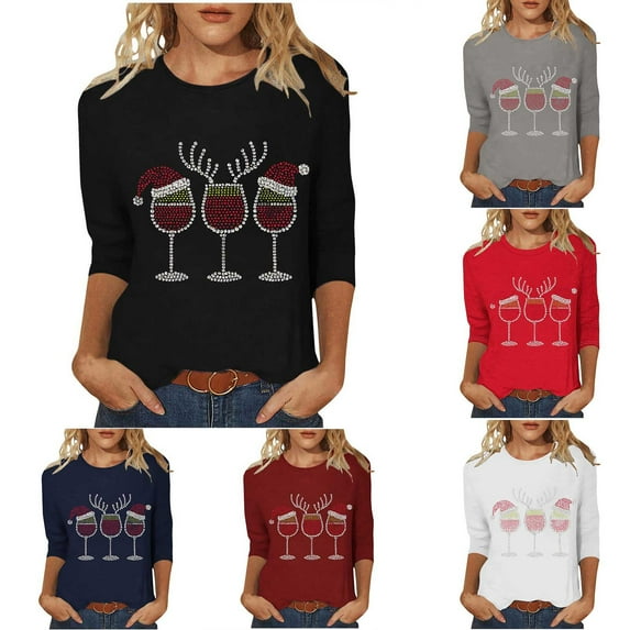 Wiyuqeen Christmas Women's Bling T-Shirt 3/4 Sleeve Sparkly Rhinestone Holiday Top Xmas Party Tee Plus Size Crew Neck Graphic Tees