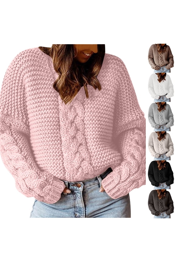 Chunky Sweaters for Women Crew Neck Cable Knit Pullover Long Sleeve Drop Shoulder Sweaters Plus Size Thick Warm Sweaters