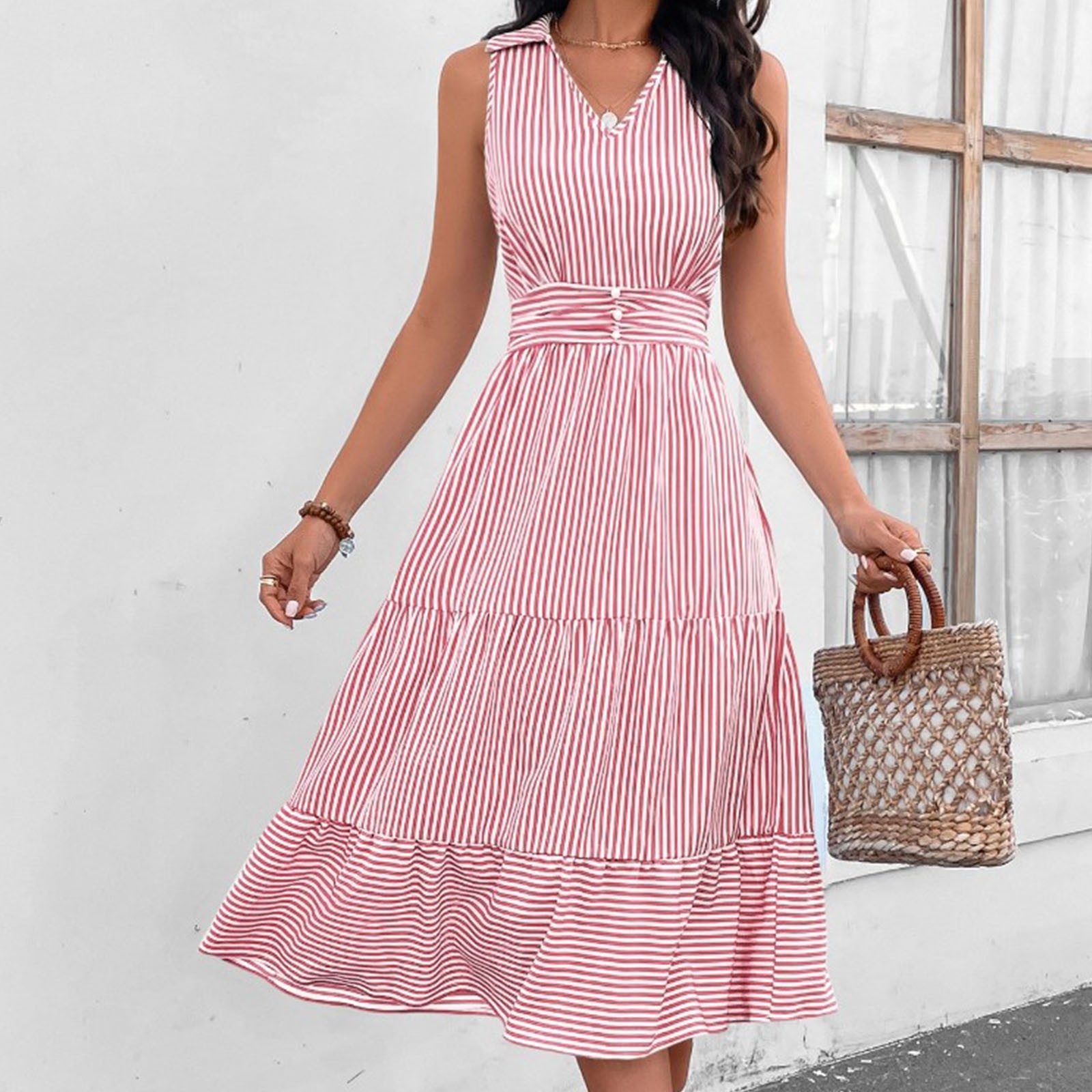 knee length dresses for ladies Blue & White Striped Button Front Midi Dress – Moda Boutique main image 1