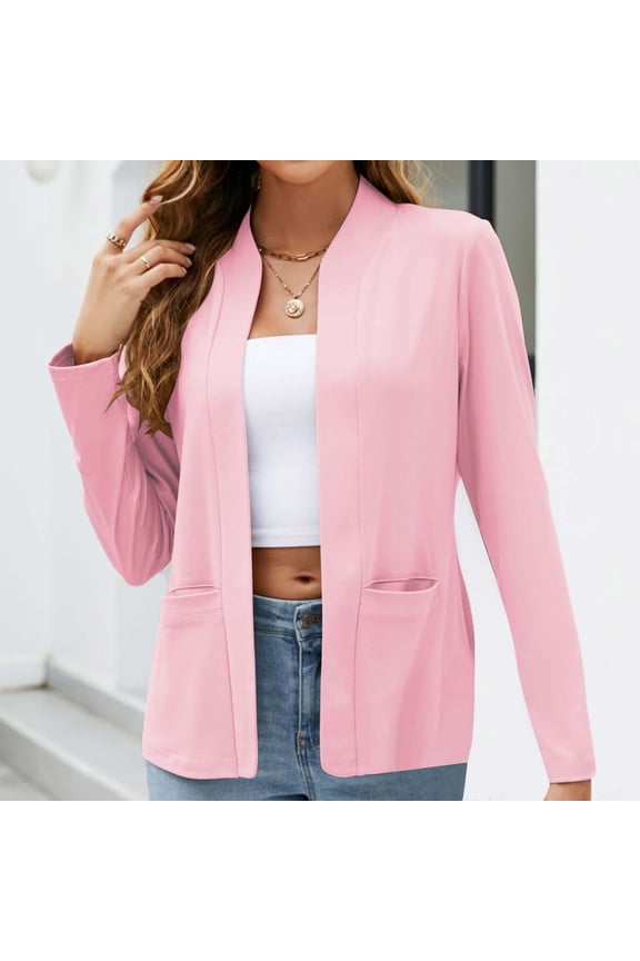 Collarless Jackets for Women Plain Casual Blazer with Pockets Comfy Loose Suit Coats Petite Ladies Office Outerwear