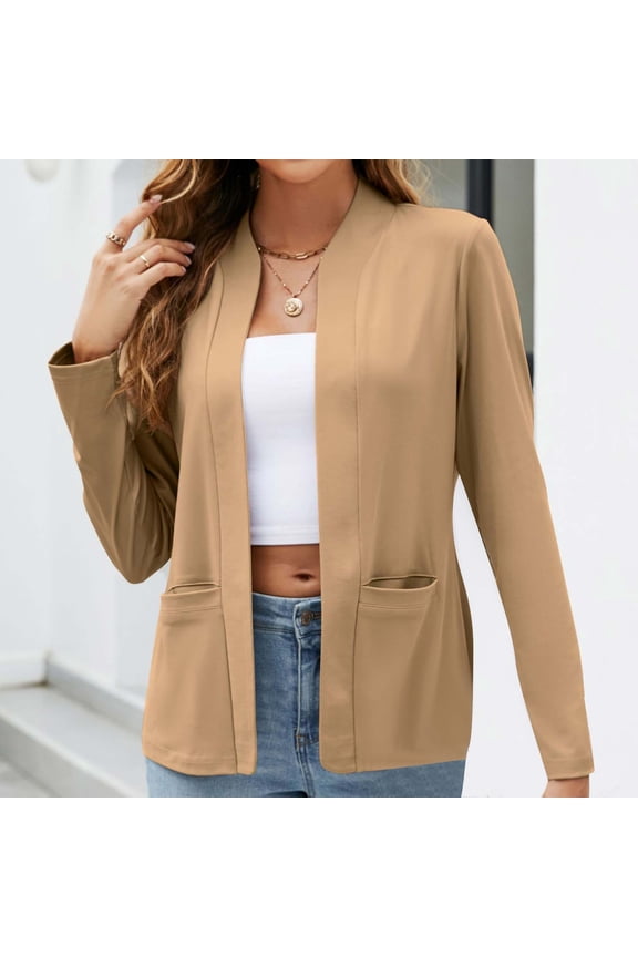 Collarless Jackets for Women Plain Casual Blazer with Pockets Comfy Loose Suit Coats Petite Ladies Office Outerwear