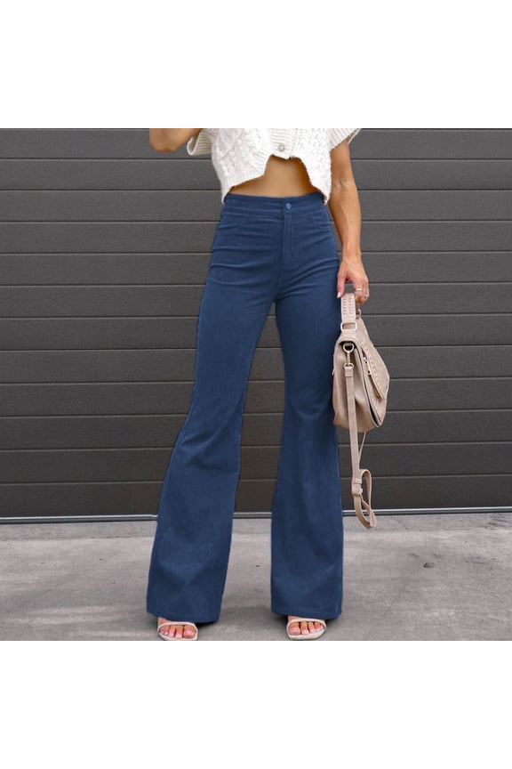 Corduroy High Waist Flared Pants for Women Classic Solid Color Straight Wide Leg Trousers Trendy Comfy Button Down Lounge Pants with Pockets