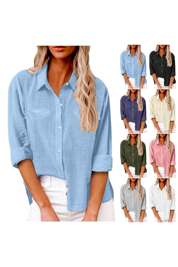 Cotton Linen Button Down Shirts Womens with Pokcet Rolled Cuff Sleeve Collar Tshirts Solid Color Oversized Tees Mothers Day Sale