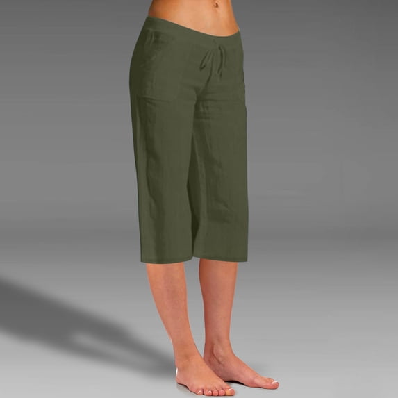 Wiyuqeen Cotton Linen Cropped Pants Womens Low Waist Drawstring Capri Pants Ladies Baggy Wide Leg Workout Trousers Summer Casual Green Slacks