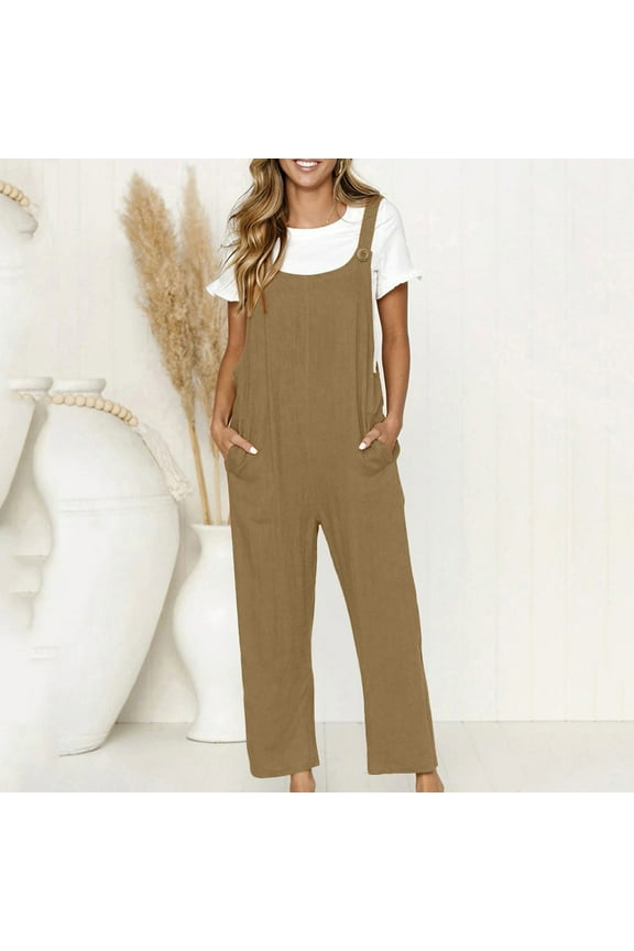 Cotton Linen Overalls for Women Casual Sleeveless Crew Neck Overalls Solid Color Loose Fit Rompers Summer Vacation Jumpers with Pokcet