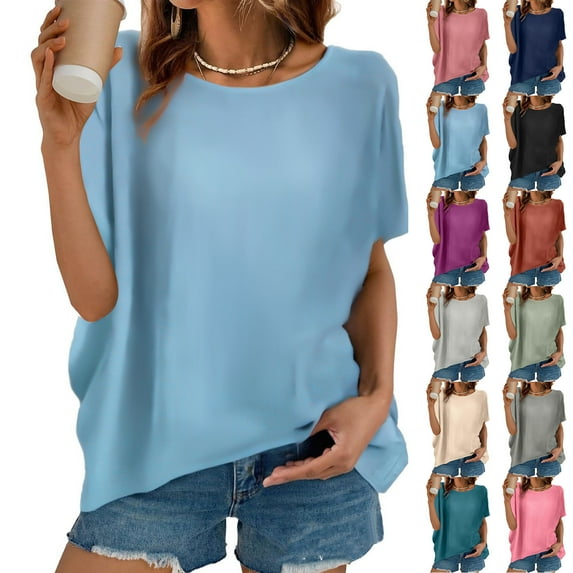 Wiyuqeen Cotton Linen Shirts for Women Oversized Solid Summer Shirts Short Sleeve Crew Neck Lightweight Tops Plus Size Loose Tshirts