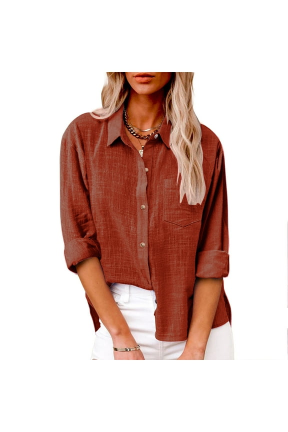 Cotton Linen Shirts for Women Solid Color Oversized Button-Down Collar Tshirts Basic Loose Long Sleeve Tees with Pocket
