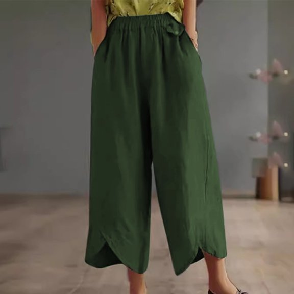 Wiyuqeen Cotton Linen Tulip Pants Womens Solid Casual Loose Capri Pants with Side Button-up Comfy Baggy Cropped Trousers with Pockets Lounge Pants