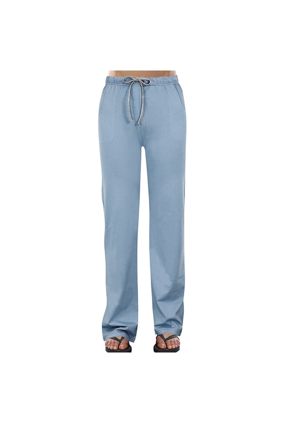 Cotton Pajama Pants for Women Soft Trendy Plain Pj Bottoms Ladies Drawstring Straight Leg Pajama Pants with Pockets Long Yoga Pants
