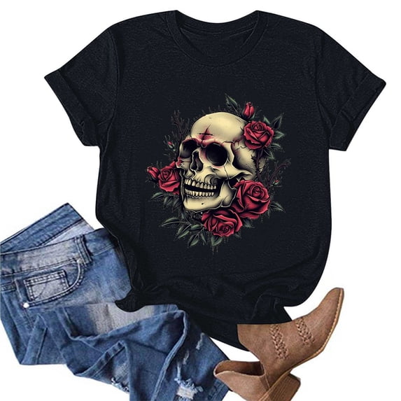 Wiyuqeen Cotton Short Sleeve Tops Women Round Neck Halloween Print Tee Shirts Lightweight Breathable Weekend Street Casual Top S-2XL
