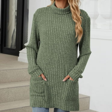 Wiyuqeen Cotton Turtleneck Tunic Sweater Women Pockets Long Sleeve Knit Pullover Tops Fall Winter Fitted Long Sweaters Basic Plain Clothes