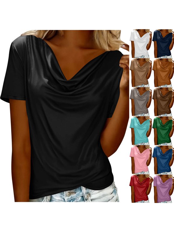 Cowl Neck Tops for Women Dressy Casual Short Sleeve Shirts Solid Lightweight Tees Loose Party Tunics Summer Clothes