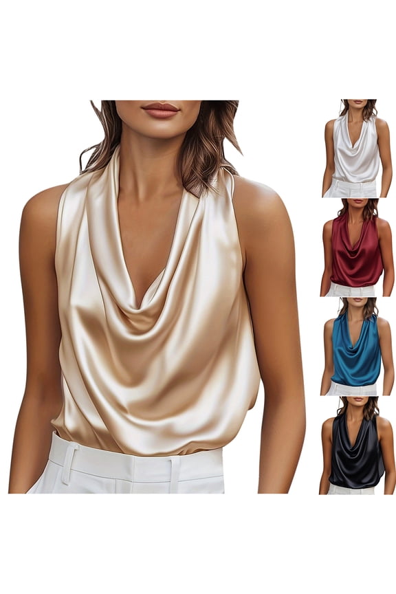 Cowl Neck Tops for Women Silk Satin Camisole Ruched Dressy Business Sleeveless Blouse Solid Summer Tank Top Camiseta Sin Mangas
