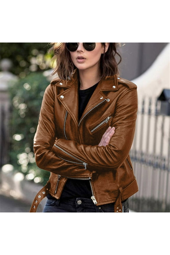 Cropped Faux Leather Jackets for Women Lapel Zip Up Moto Jackets Pockets Solid Cool Style Biker Jackets with Belt Ladies PU Jacket Coats