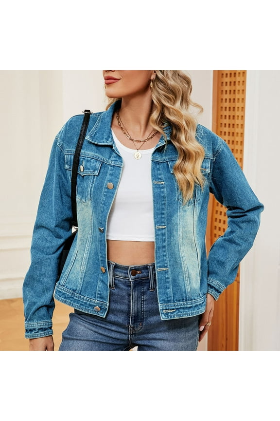 Cropped Jean Jacket for Women Y2K Long Sleeve Denim Jackets Fitted Long Sleeve Jean Coat Casual Prtite Lapel Button Jean Shacket