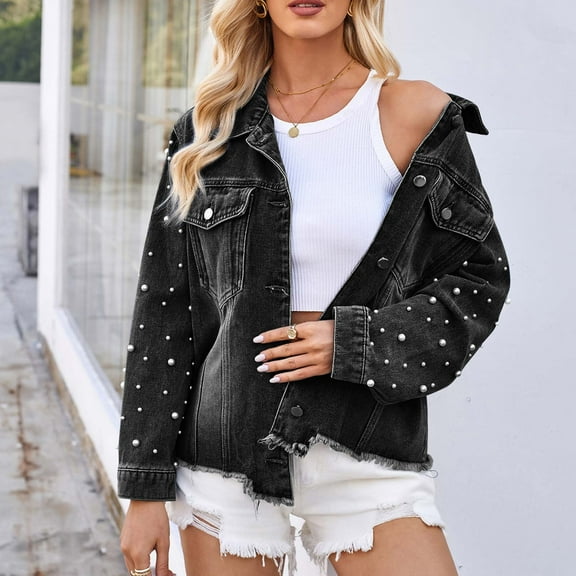 Wiyuqeen Cropped Jean Jackets Women Lightweight Button Down Distressed Denim Jacket with Pearls Casual Ripped Hem Long Sleeve Jean Jacket Coats