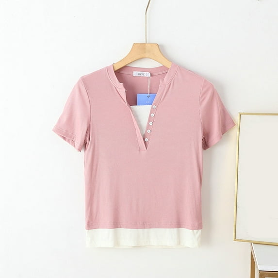 Wiyuqeen Cute Fake Two Piece Pink T-shirts Soft Trendy Half Button Down V Neck Shirts Casual Summer Short Sleeve Blouses Tees Petite Ladies Going Out Tops
