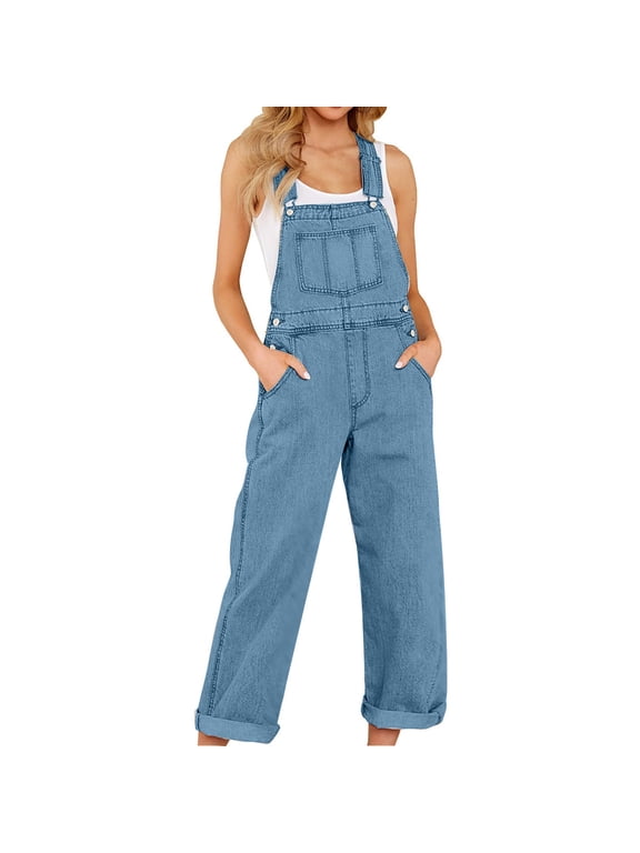 Denim Overalls for Women Loose Fit Jean Bib Jumpsuits Adjustable Strap Wide Leg Jean Pants Solid Color Jean Overalls with Pocket