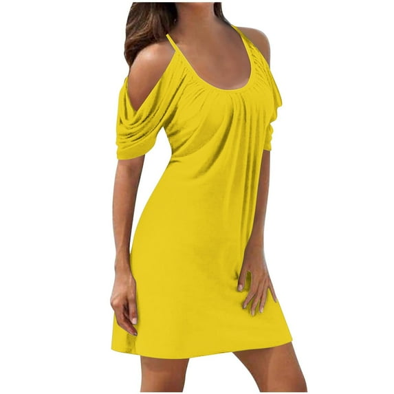 Wiyuqeen Dressy Casual Pleated Scoop Collar Camis Dresses Elegant Ruffle Short Sleeve Wedding Guest Dresses Summer Baggy Cold Shoulder Beach Dresses