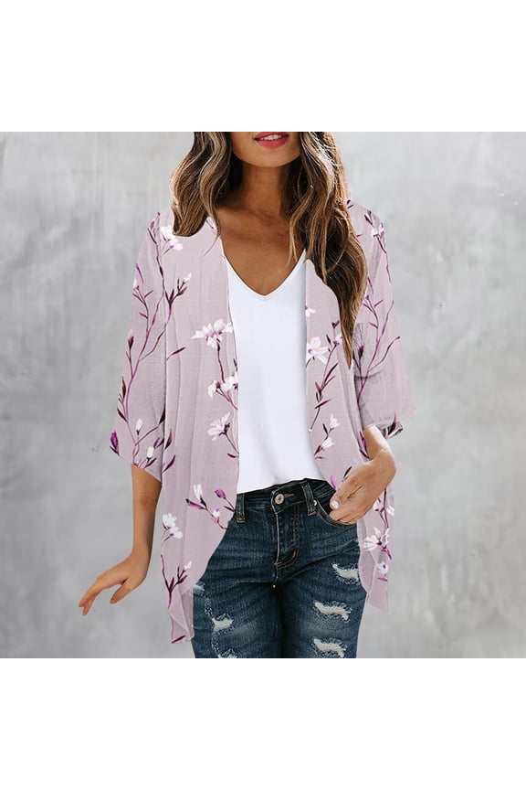 Eleagnt 3/4 Sleeve Cardigans for Women Flowy Chiffon Cardigans Lightweight Open Front Cardigans Soft Trendy Floral Print Cardigans