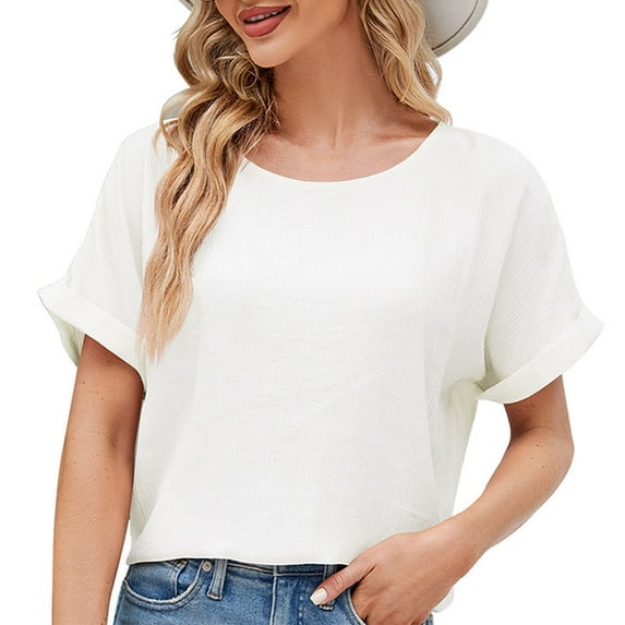 Wiyuqeen Elegant Solid Color Blouses for Women Baggy Flowy Rolled Short Sleeve Tunics Soft Trendy Side Split T-shirts Ladies Basic Summer Comfy Tops