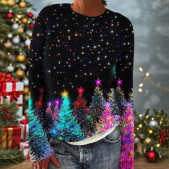 Wiyuqeen Fair Isle Sweaters Woman Womens Gifts Christmas Long Sleeve Xmas Tree Knit Pullover Tops Crew Neck Saprkly Party Ugly Sweaters