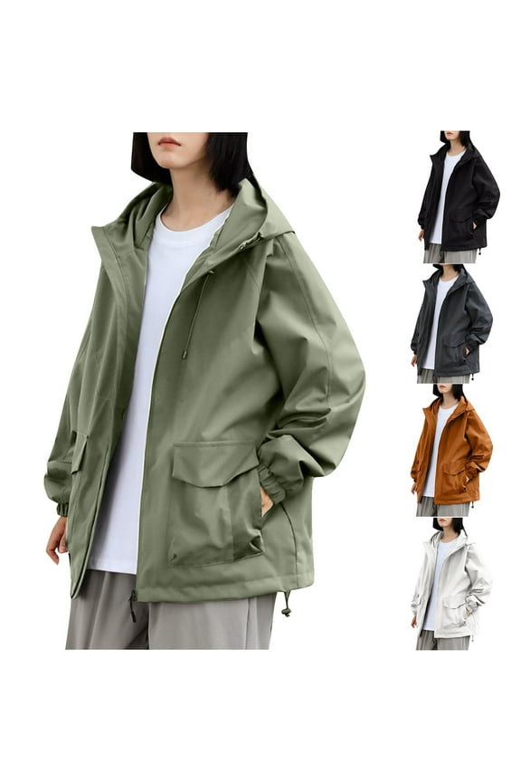 Fall Jackets for Women Waterproof Hiking Rain Coats Full Zip Solid Adjustable Windbreaker Travel Jacket Plus Size Rain Jackets