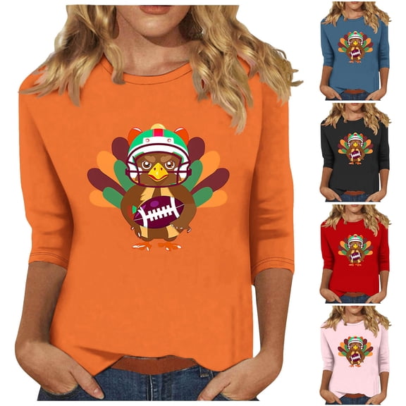 Wiyuqeen Fall Shirts for Women Happy Thanksgiving 3/4 Sleeve Tshirts Crew Neck Gobble Til You Wobble T-Shirt Plus Size Graphic Tees