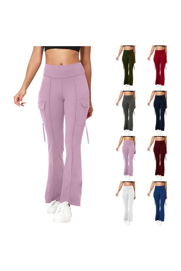 Flared Leggings with Cargo Pocket for Women High Waist Tummy Control Bell Bottoms Solid Stretch Bootcut Pants for Ladies