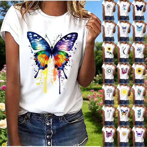 Wiyuqeen Floral Print Shirts for Women Short Sleeve Crew Neck Graphic Tees Casual Loose Summer T Shirts Camiseta Para Mujer