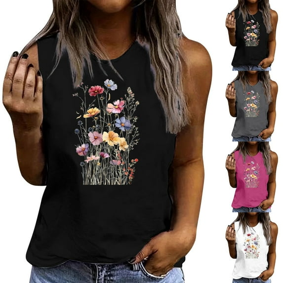 Wiyuqeen Floral Shirts for Women Sleeveless Summer Tank Tops Crew Neck Boho Print T Shirts Loose Fit Tanks Make in USA