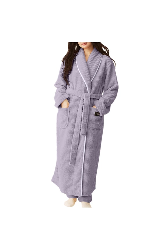 Fluffy Robes for Women Cute Solid Plain Long Sleeve Shawl Collar Bathrobe Long Plush Kimono Spa Robe with Pockets Belted Loungewear