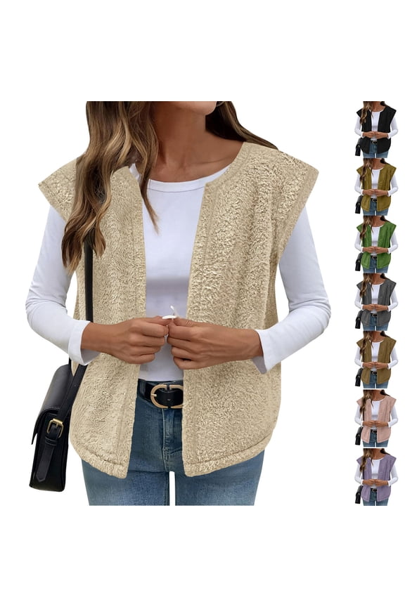 Fuffly Fleece Vests for Women Sleeveless Open Fornt Warm Jacket Vests Solid Lightweight Winter Coats Fuzzy Outwear